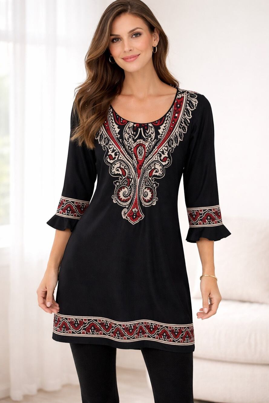Perceptions New York Flare Long Sleeve Pattern Dress Knee Length Modest Dress
